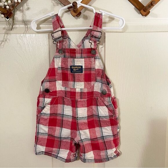 Oshkosh Shortalls Overalls 12 Months Red White Plaid Vestbak - Picture 1 of 6